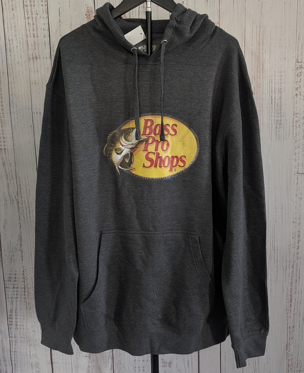 Bass Pro Shops Hoodie 2XL Charcoal Johnny Morris Graphic Logo Fleece Pullover